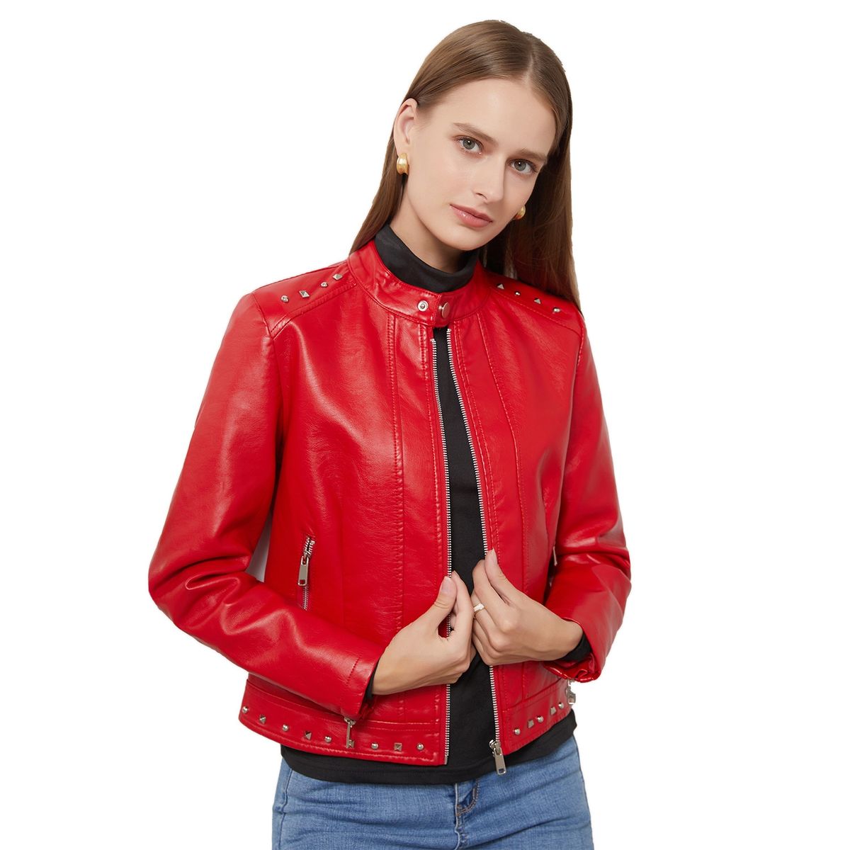TIOZONEY - Chaqueta de PU con tachuelas y cuello alto para mujer - Rojo