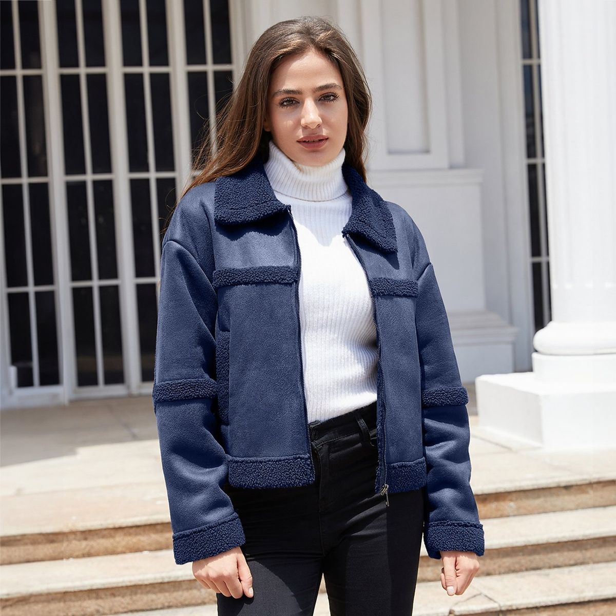 TIOZONEY - Chaqueta de PU acolchada de moda para mujer - Azul
