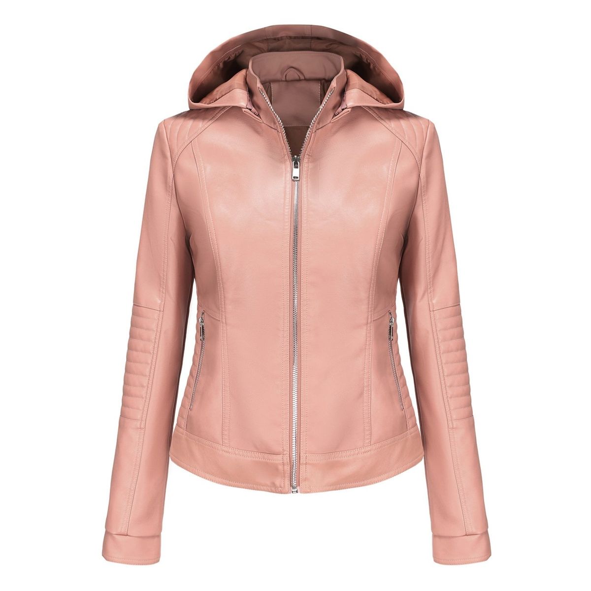 TIOZONEY - Chaqueta de PU con gorro desmontable para mujer - Rosado
