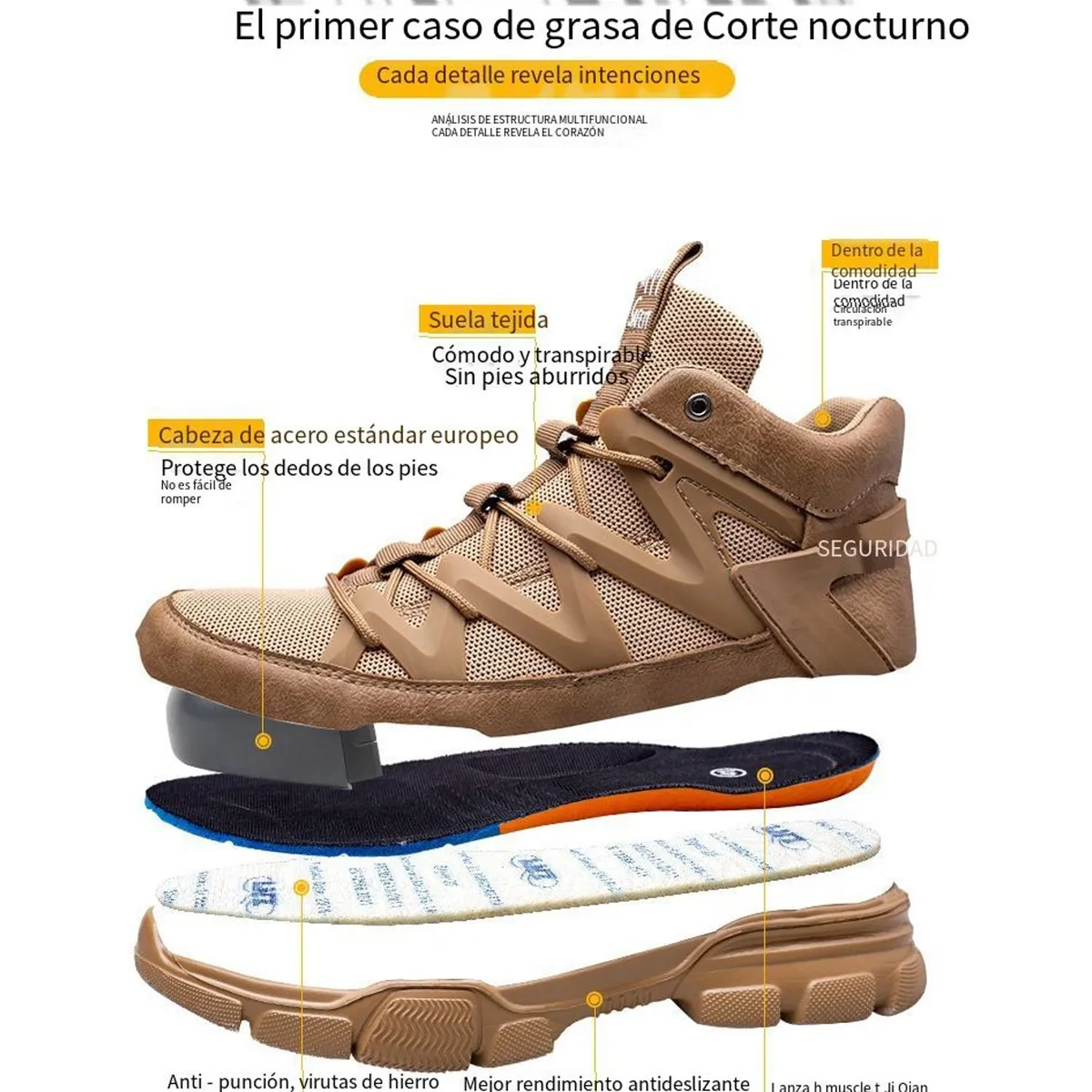 TIOZONEY - zapatos de seguridad laboral con punta de acero antigolpes beige