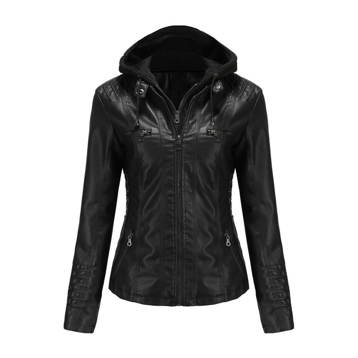 TIOZONEY - Chaqueta de PU con gorro para mujer - Negro