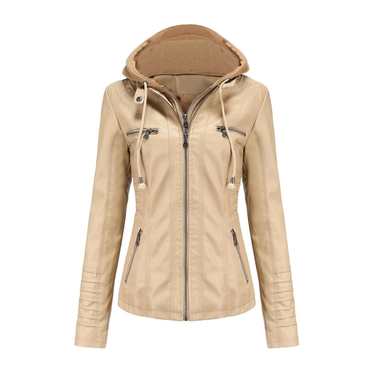 TIOZONEY - Chaqueta de PU con gorro para mujer - Beige
