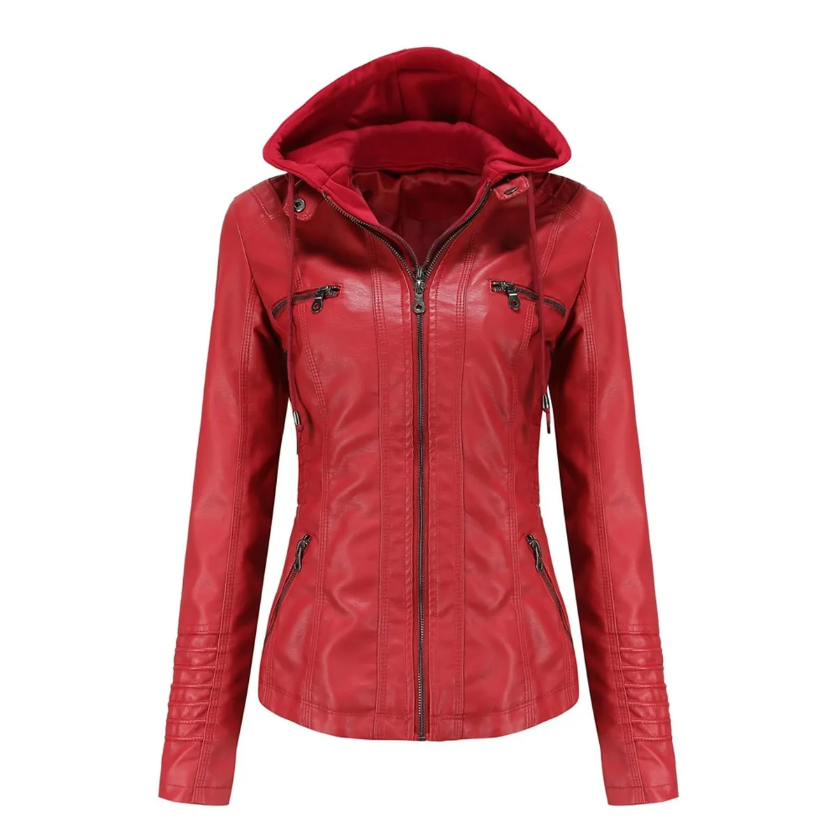 TIOZONEY - Chaqueta de PU con gorro para mujer - Rojo