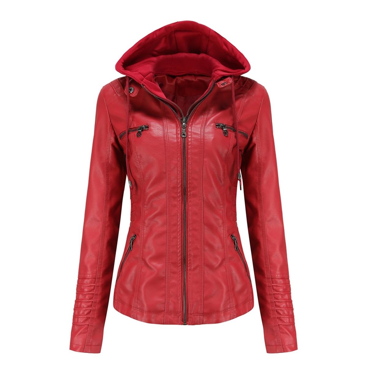 TIOZONEY - Chaqueta de PU con gorro para mujer - Rojo