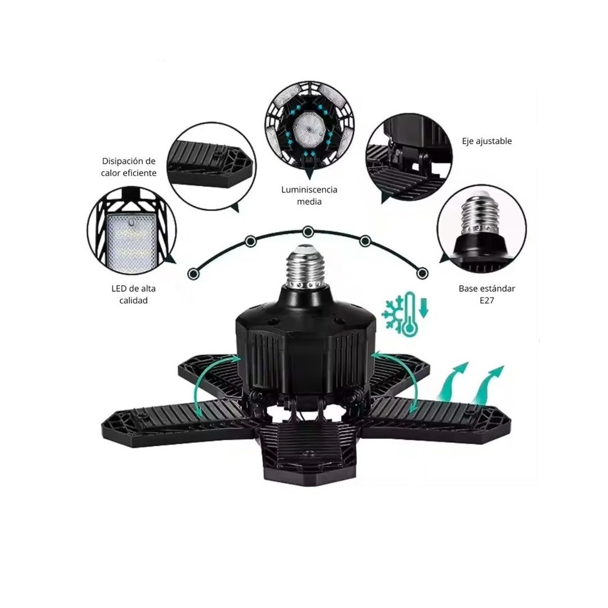 SEISA - Foco Luz LED 5+1 de Garaje 80W Paneles Ajustables Lámpara E27 SA-T8