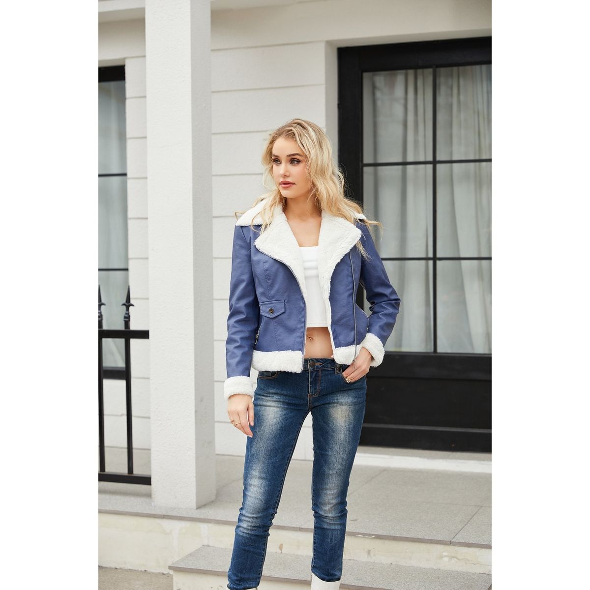 TIOZONEY - Chaqueta de PU cálida para mujer- Azul