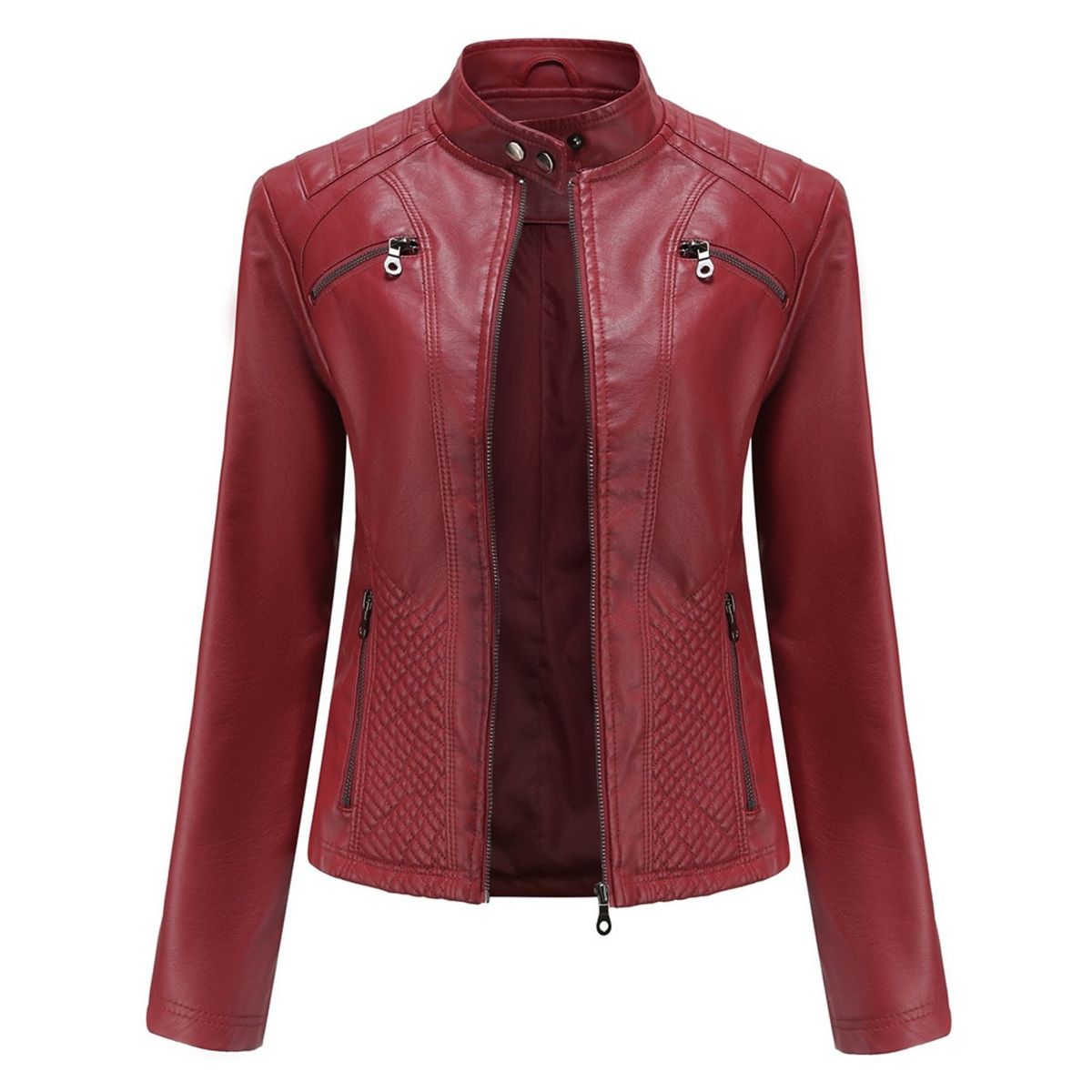 TIOZONEY - Chaqueta de PU casual PU cuello alto - Rojo