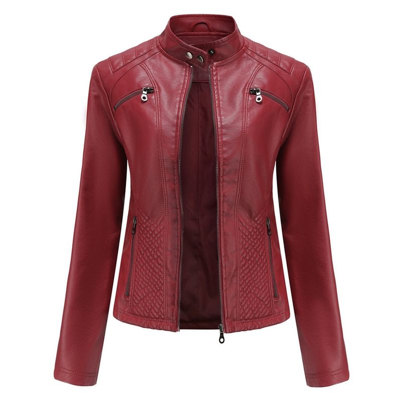 TIOZONEY - Chaqueta de cuero casual PU cuello alto - Rojo