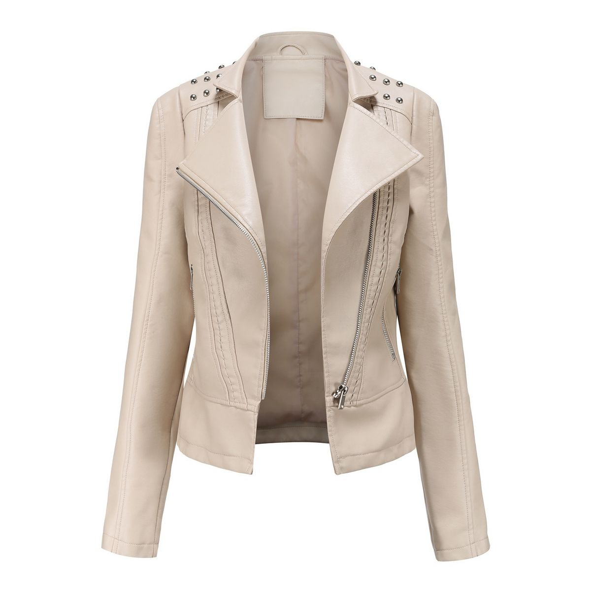 TIOZONEY - Chaqueta de PU y tachas para mujer -Blanco Crema