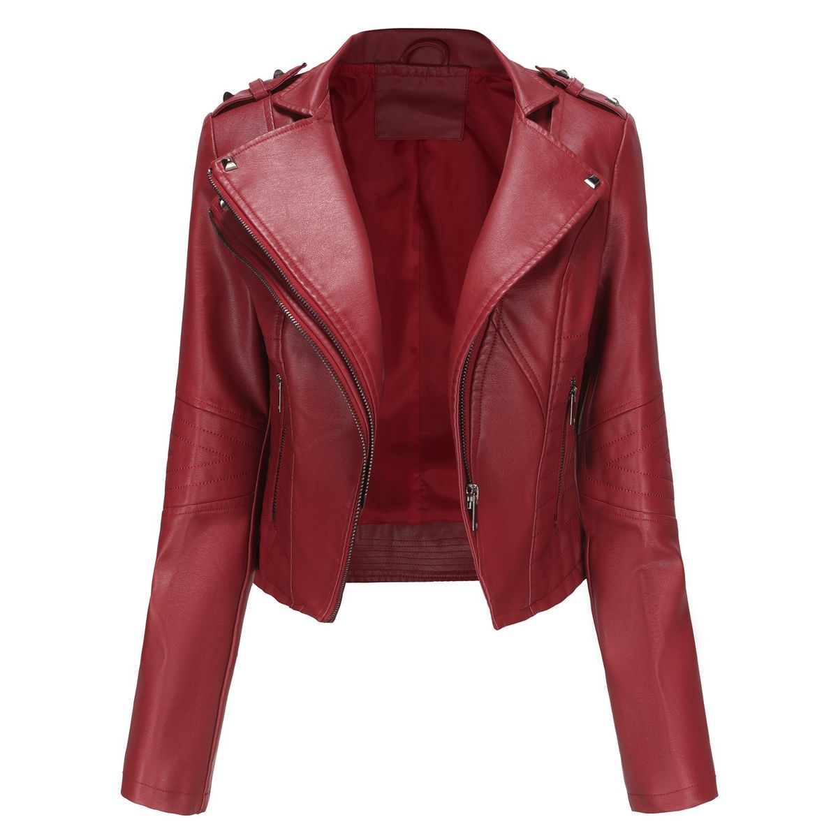 TIOZONEY - Chaqueta de PU de manga larga con tachas para mujer -Rojo