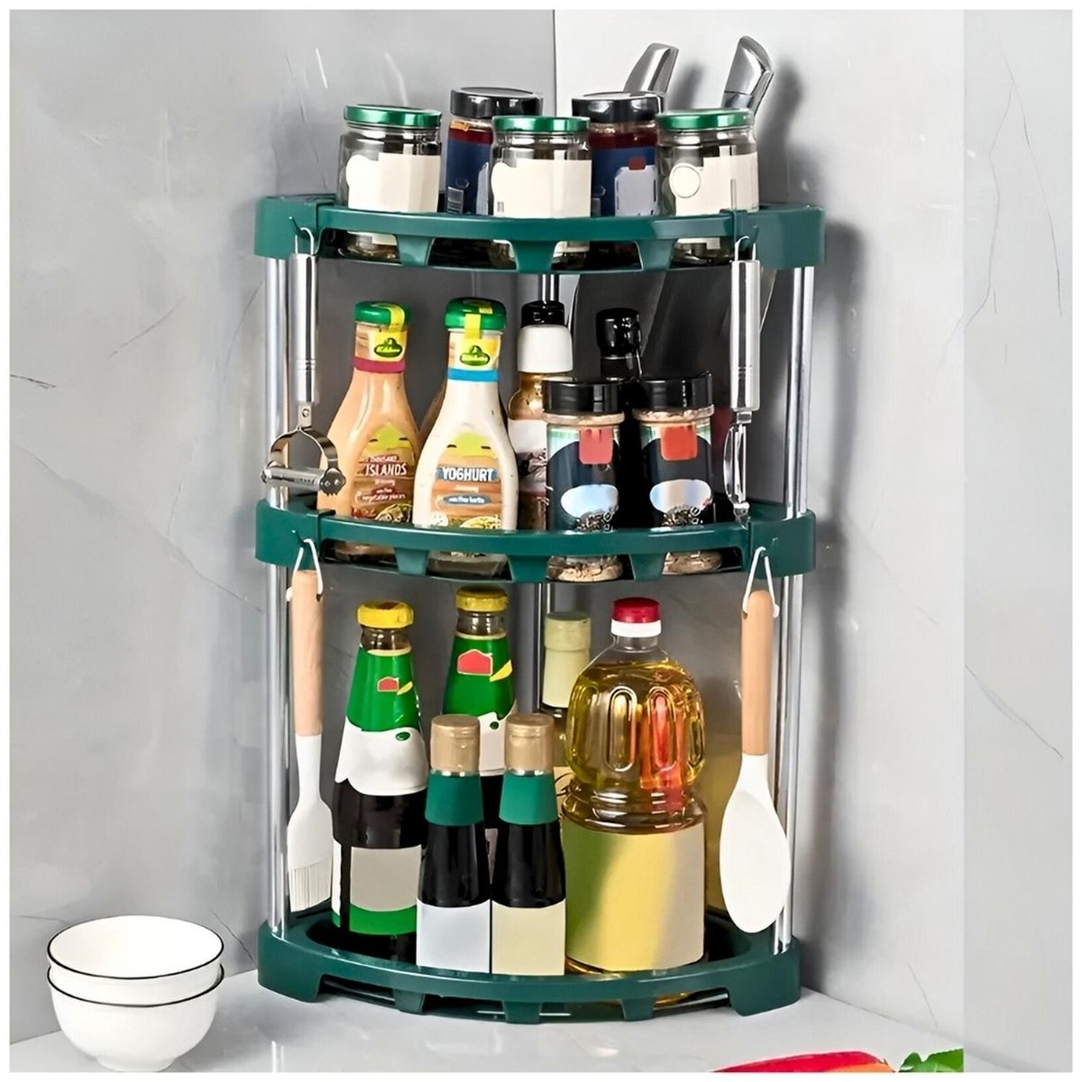 MINARI - Organizador Esquinero 3 Niveles con Ganchos para Cocina Verde A77