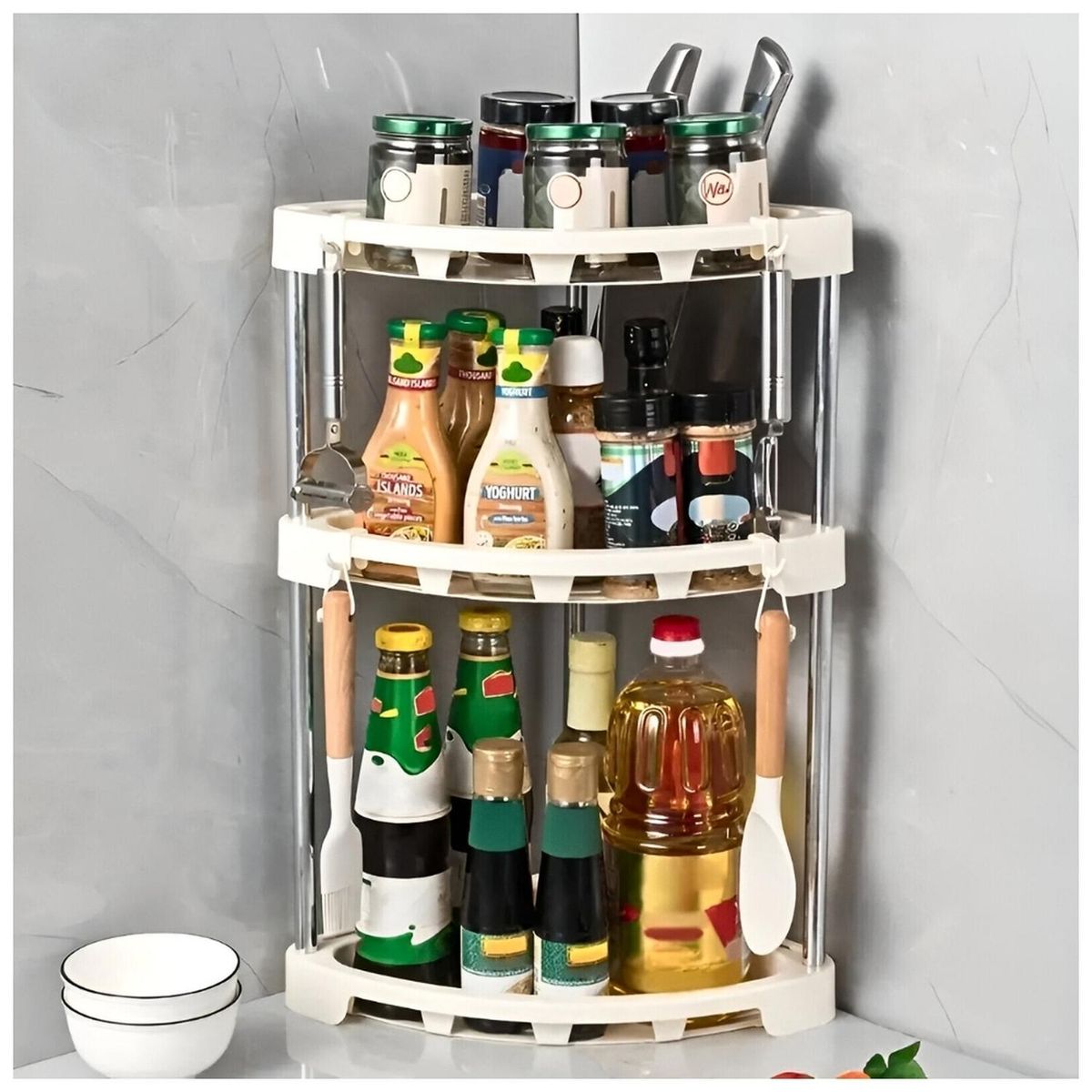 MINARI - Organizador Esquinero 3 Niveles con Ganchos para Cocina Blanco A77