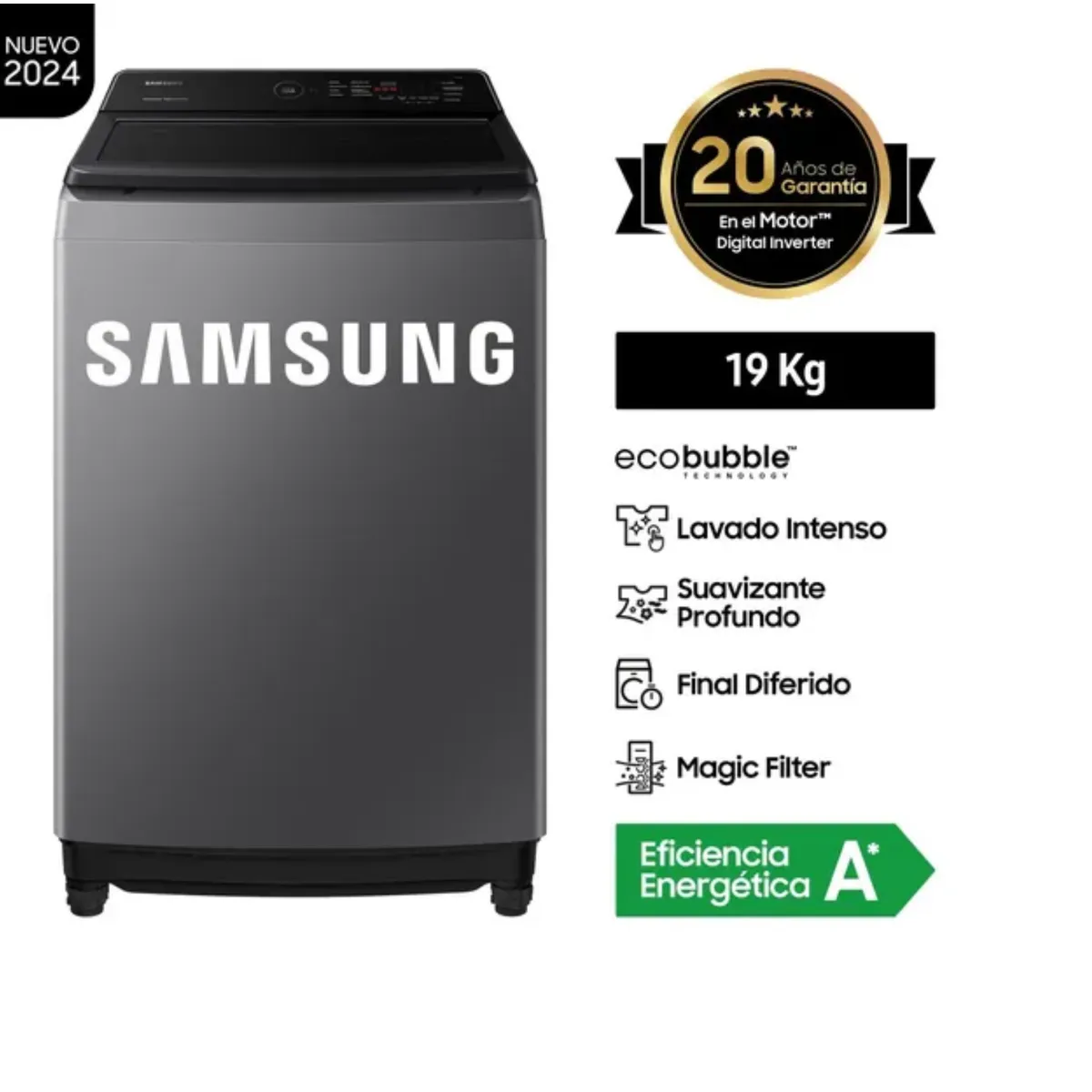 SAMSUNG - LAVADORA SAMSUNG 19KG WA19CG6441BDPE ECOBUBBLE  GRIS OSCURO