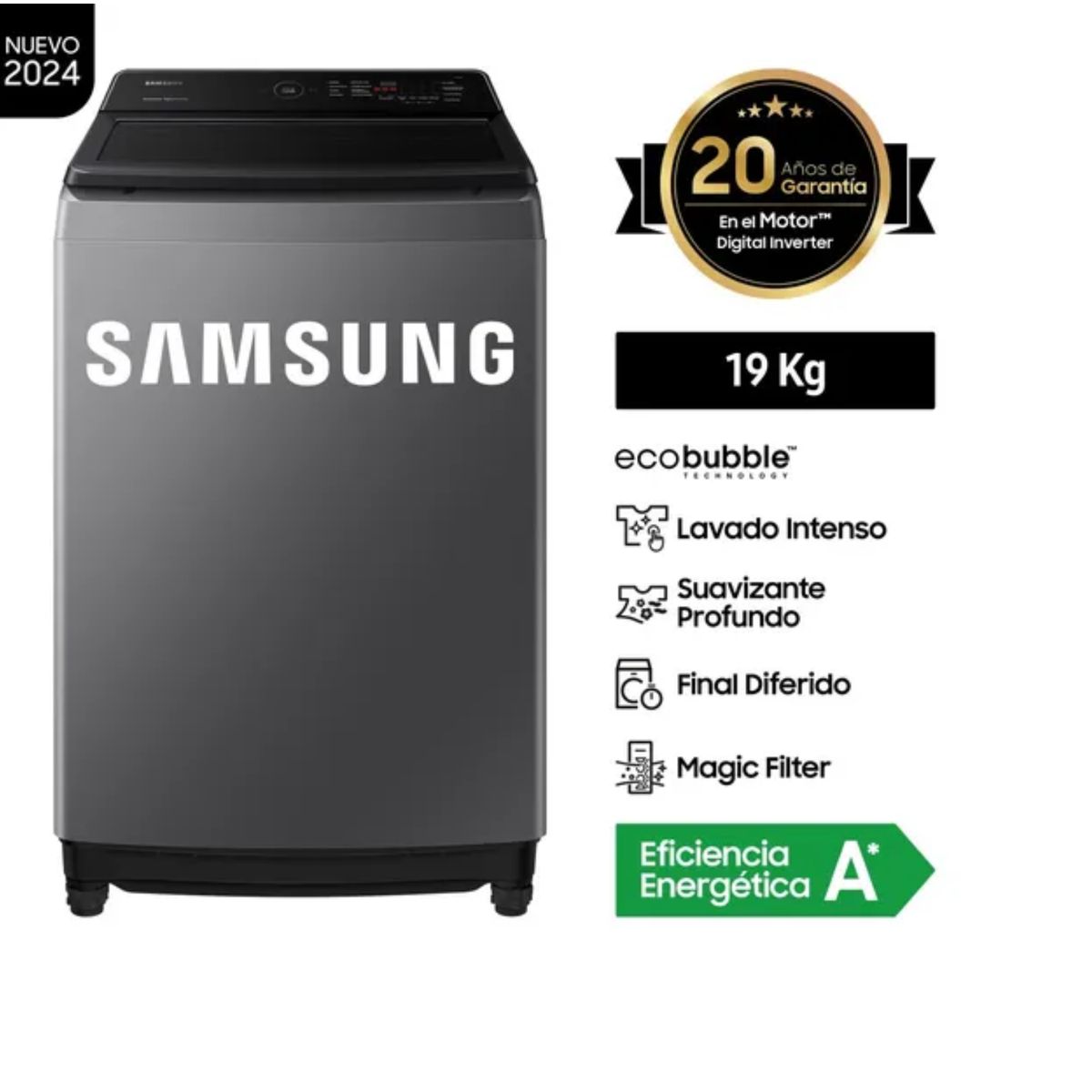 SAMSUNG - LAVADORA SAMSUNG WA19CG6441BDPE ECOBUBBLE 19KG GRIS OSCURO