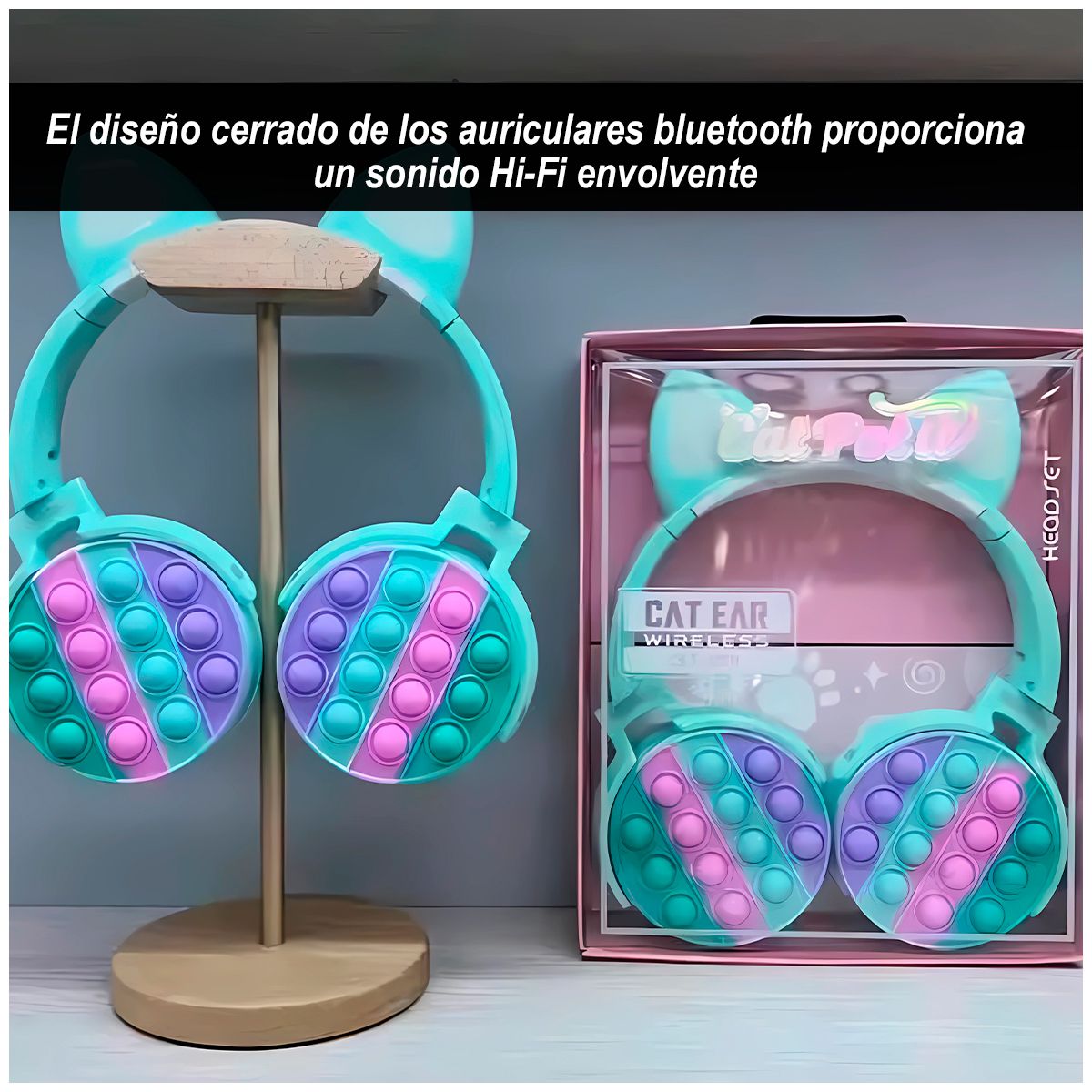 GENERICO - Audífonos bluetooth pop it con diseño gato  Celeste