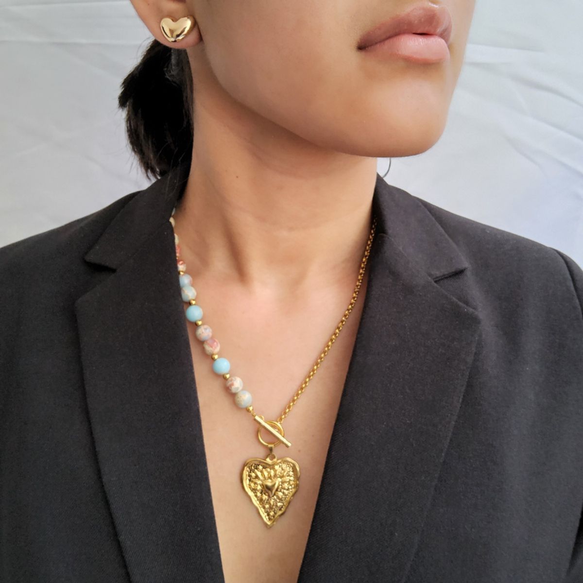 GENERICO - COLLAR DE CORAZON Y PIEDRAS NATURALES PARA MUJER