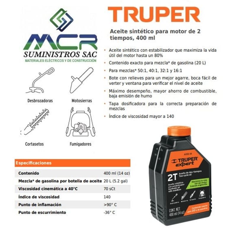 TRUPER - Aceite sintético para motor de 2 tiempos 400ml truper