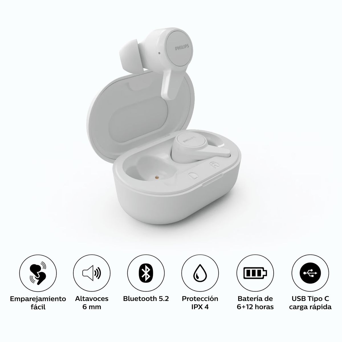 PHILIPS - Audífonos Philips True Wireless 5.2 18Hrs IPX 4 TAT1207WT- BLANCO