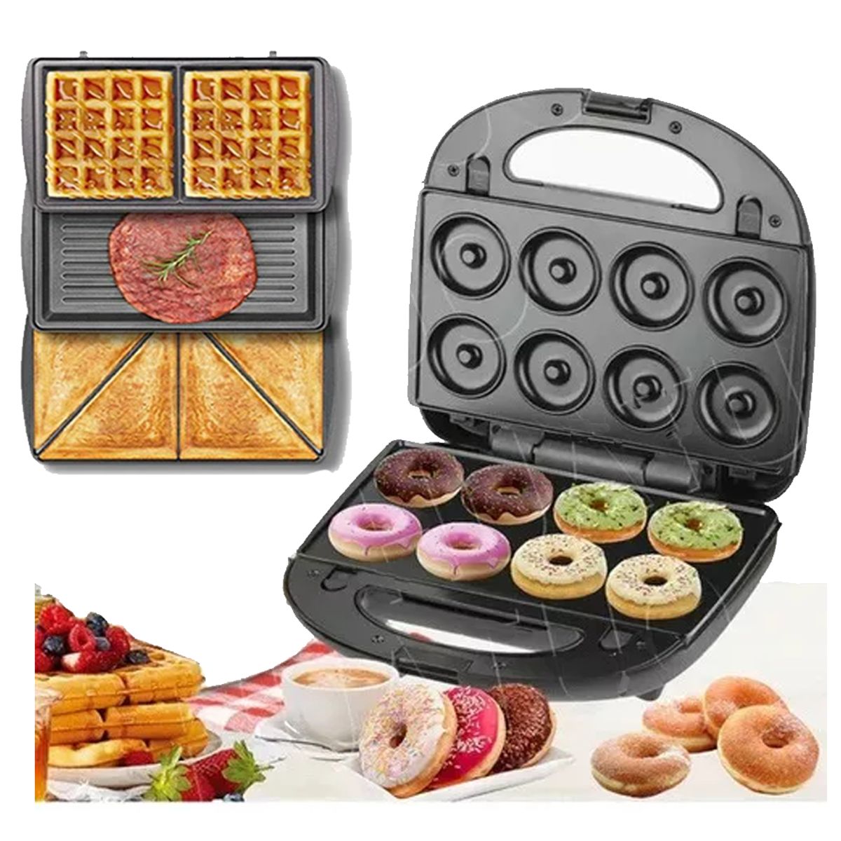 RAFF - Sandwichera 850 W 4 en 1 Para Postres Desayunos Donas Waflera Negro