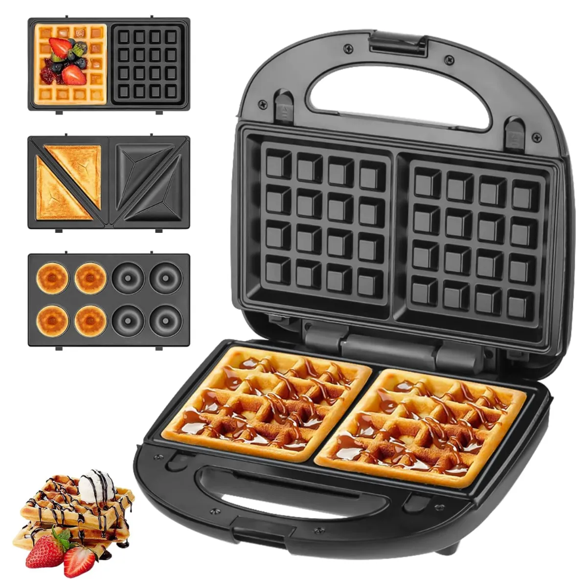 RAFF - Sandwichera 850 W 4 en 1 Para Postres Desayunos Donas Waflera Negro