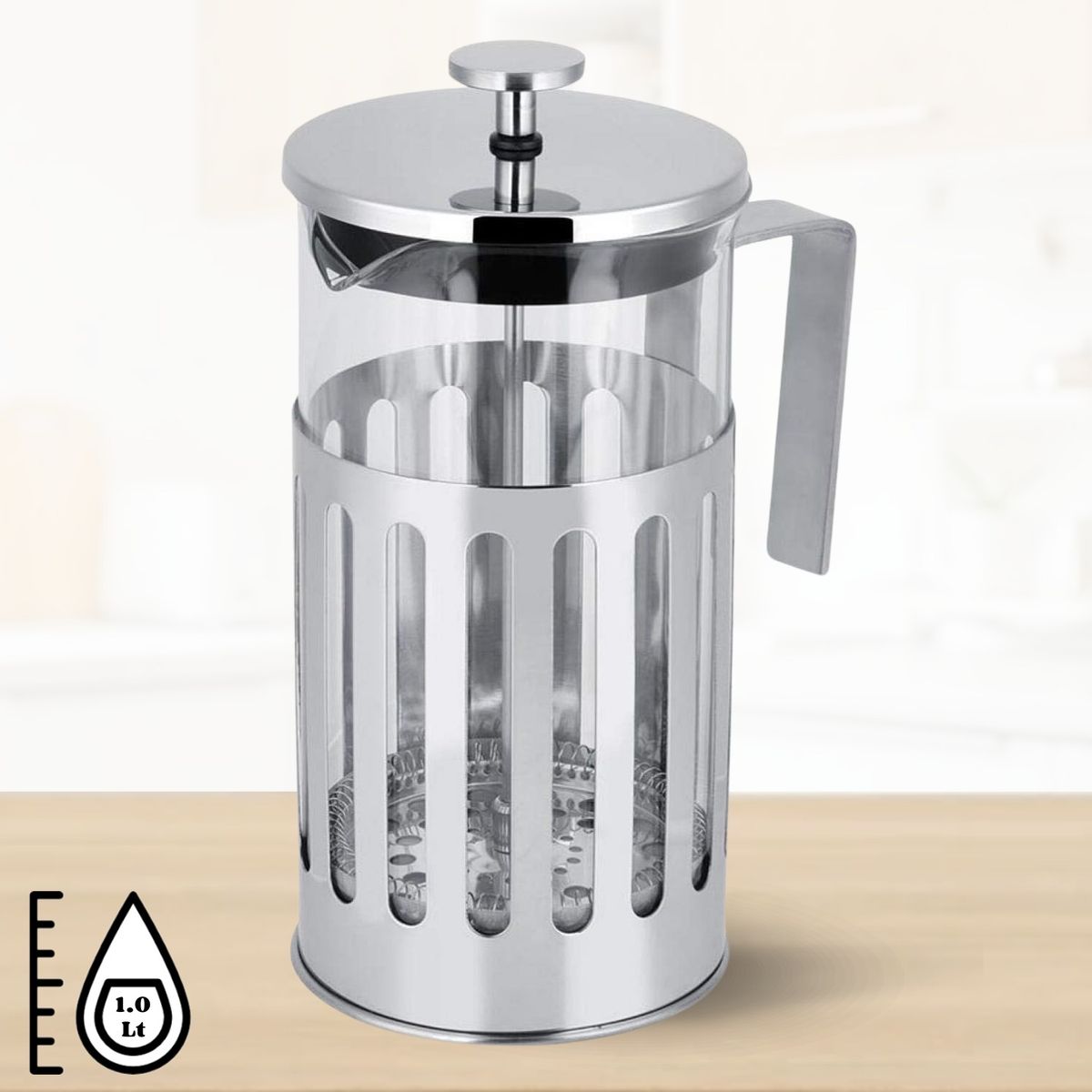 GENERICO - Cafetera Prensa Francesa Color Plata Mango Acero 1lt