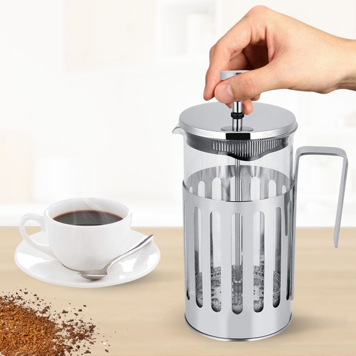 GENERICO - Cafetera Prensa Francesa Color Plata Mango Acero 1lt