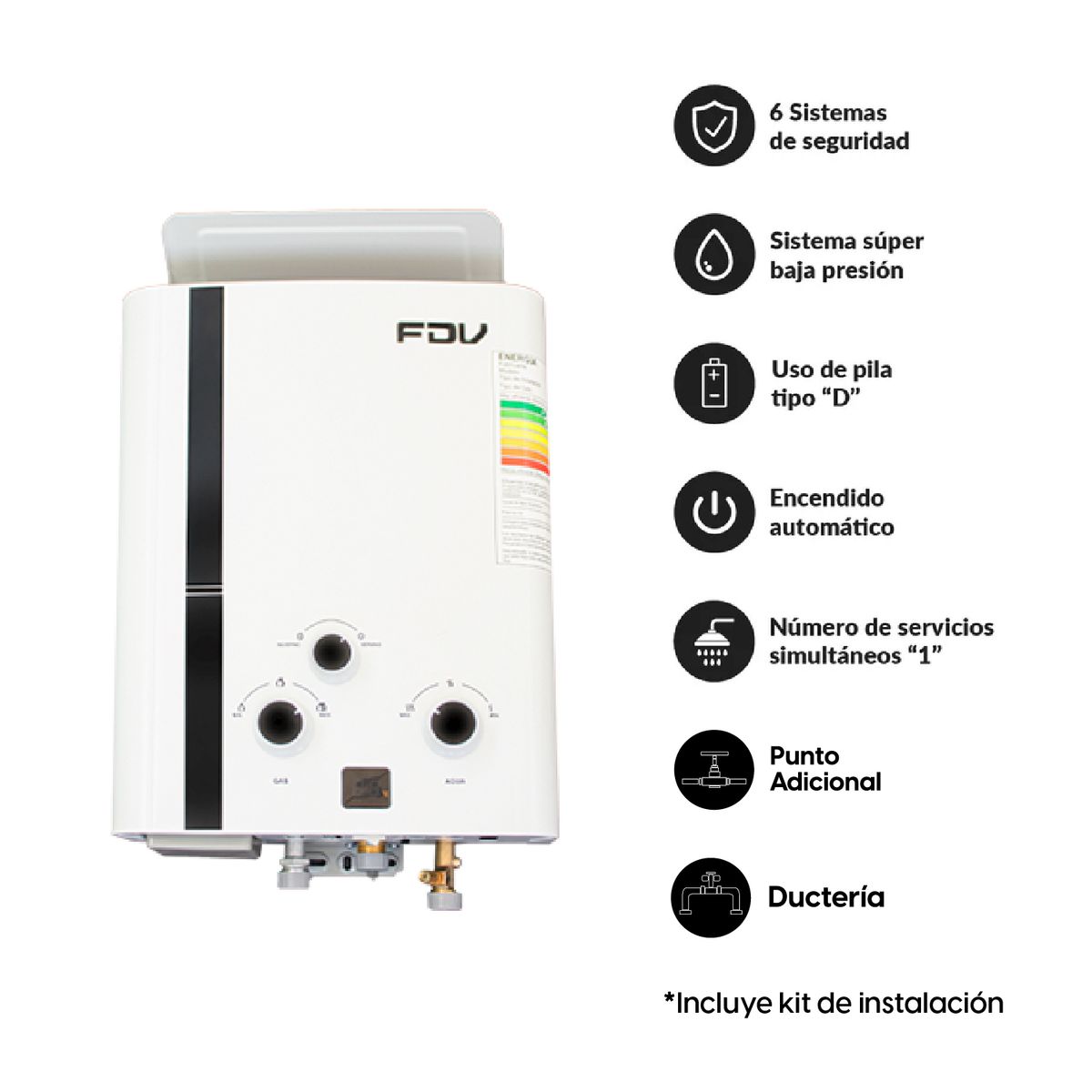 FDV - Combo Calentador a Gas FDV Paso Continuo 5.5 LT Gas Natural + Kit