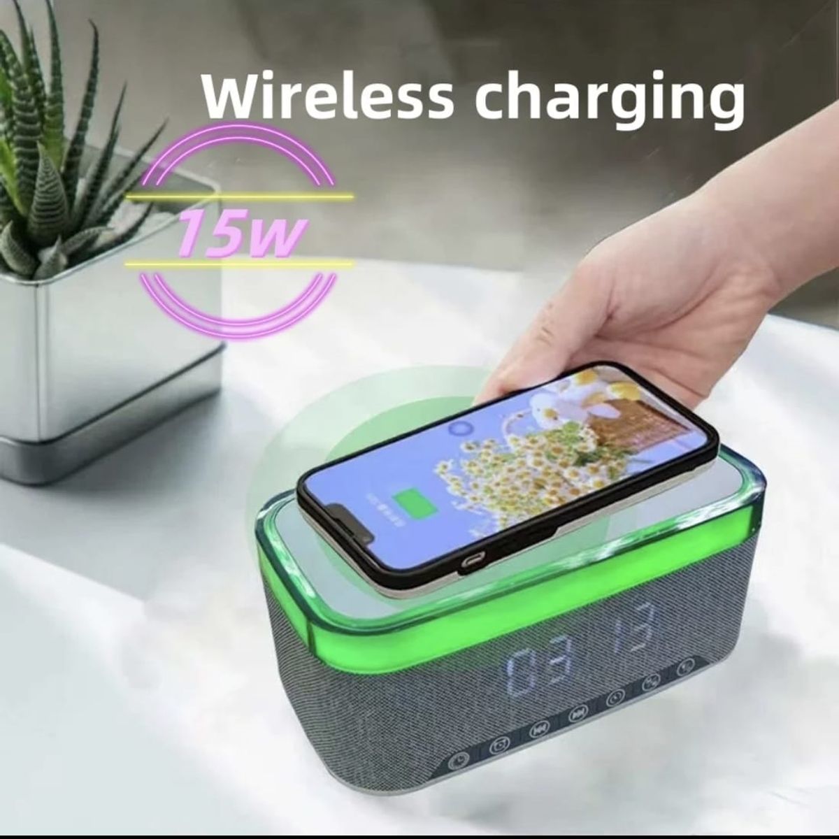 IMPORTADO MC - Parlante Bluetooth con reloj de carga inalámbrica despertador