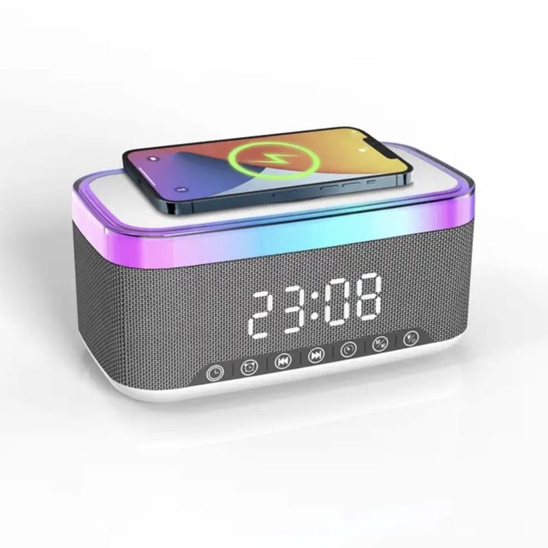 GENERICO - Parlante Bluetooth con reloj de carga inalámbrica despertador