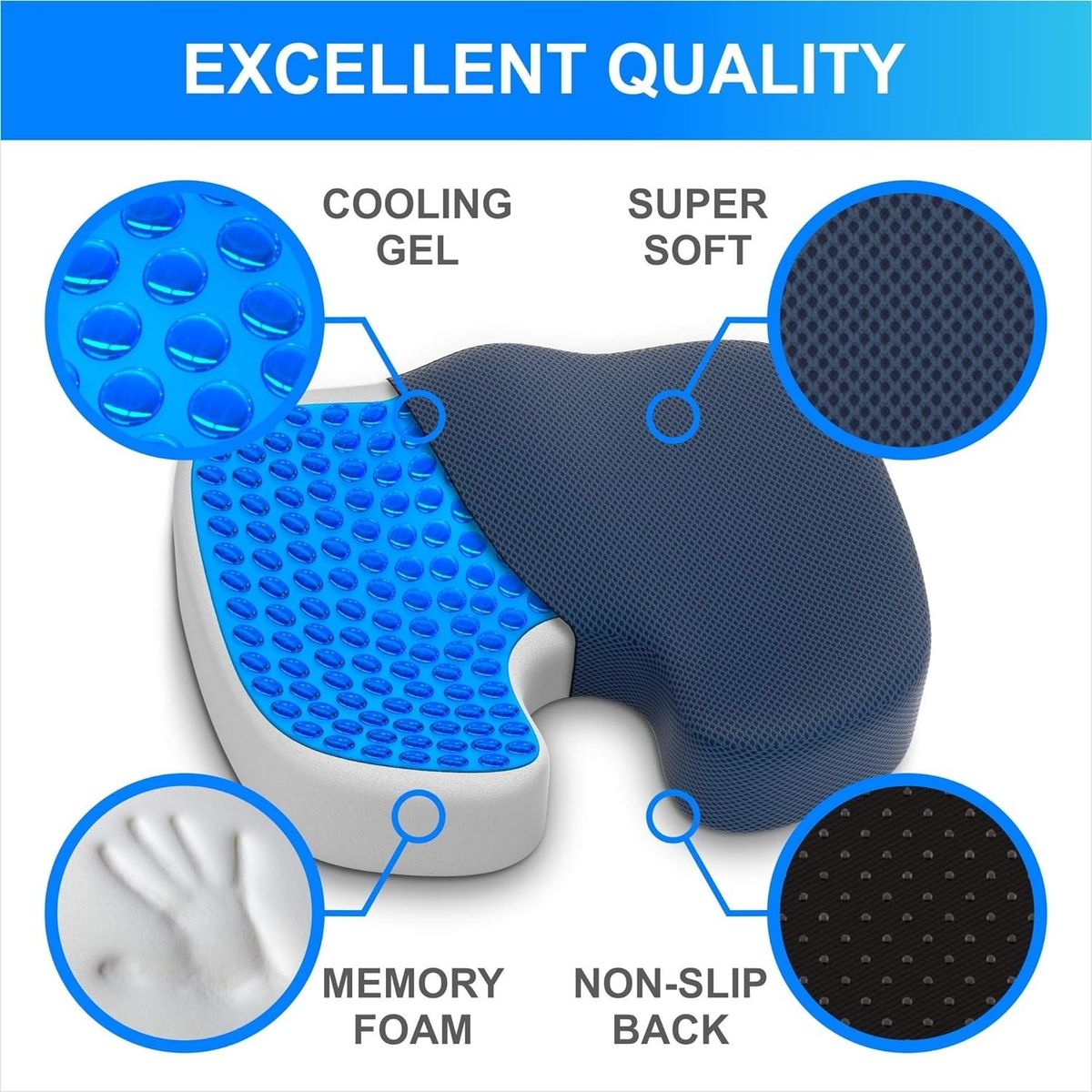 GENERICO - Cojin asiento herraje viscoelástica con gel y funda azul