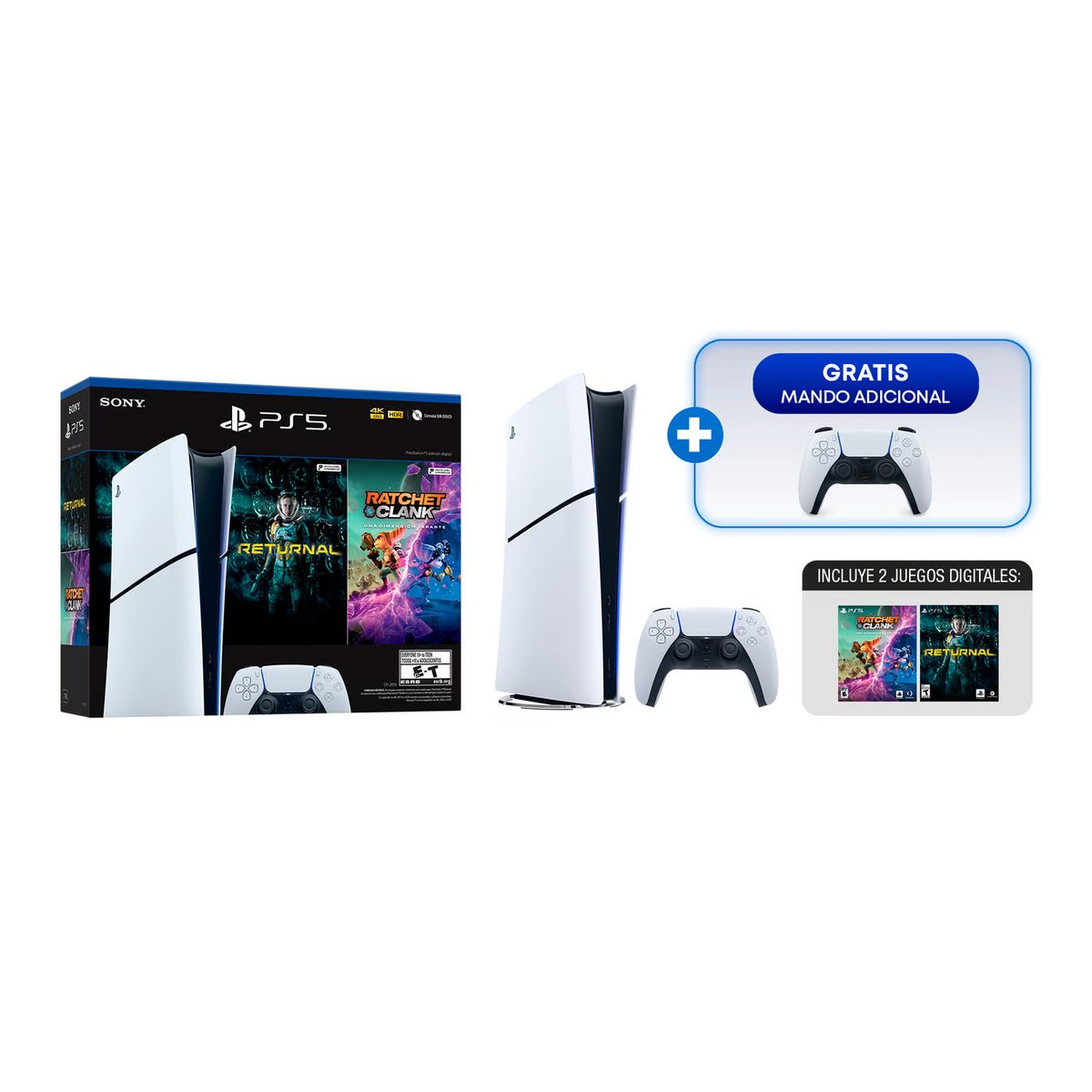 SONY - Consola Sony PS5 DIGITAL SLIM + 1 Mando + Returnal + Ratchet Gratis