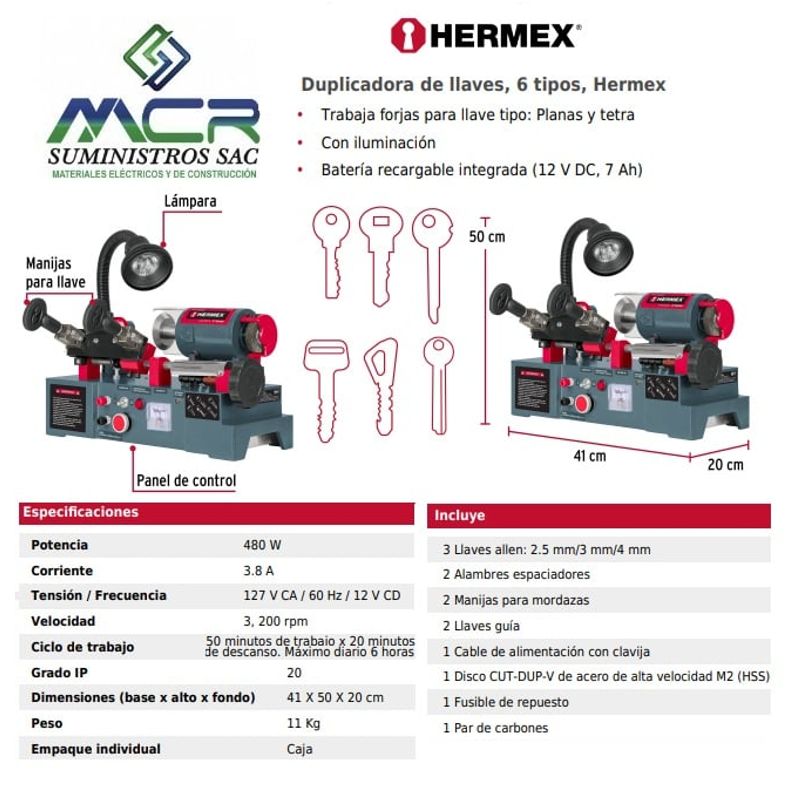 HERMEX - Duplicadora de llaves  6 tipos Hermex