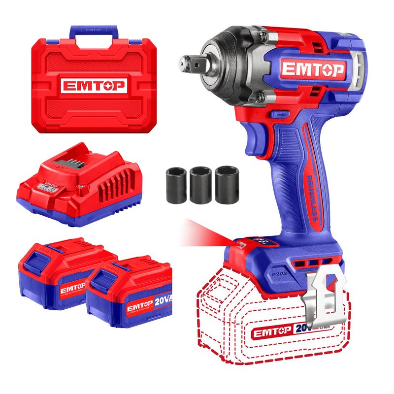 EMTOP - Llave de impacto 500nm + 2 baterias 4ah y cargador Emtop