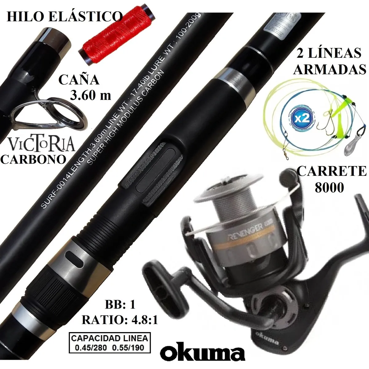 GENERICO - Equipo De Pescar Caña De 3.60 M Con Carrete Okuma 80 Combo