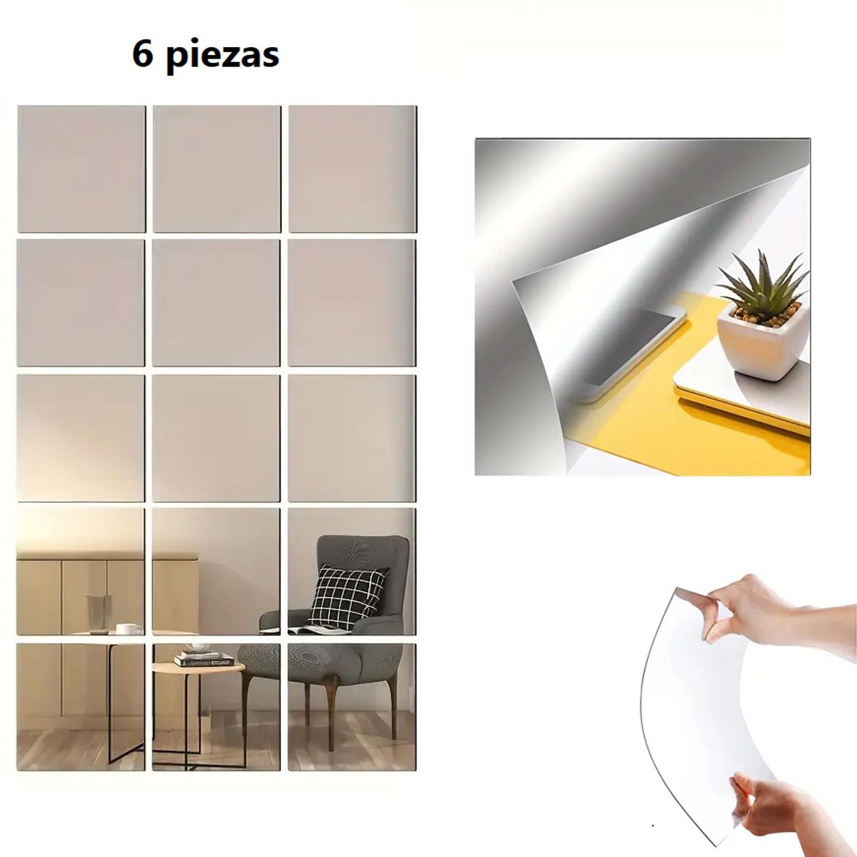 GENERICO - Espejo adhesivo de pared cuadrado 30cm x 30cm - Set 6 und.