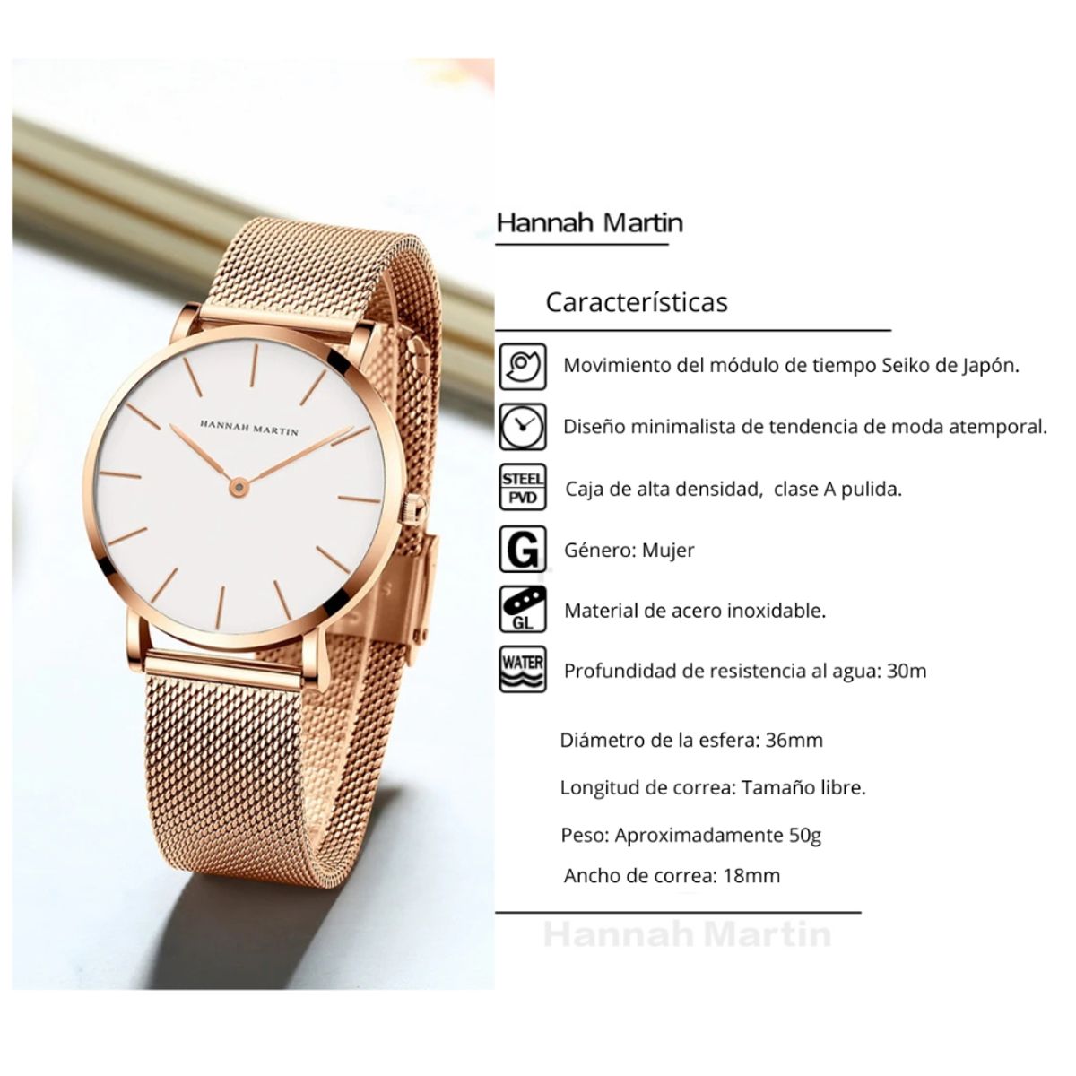 HANNAH MARTIN - RELOJ ESTILO CLASICO ELEGANTE ORO ROSA RELOJ HANNAH MARTIN