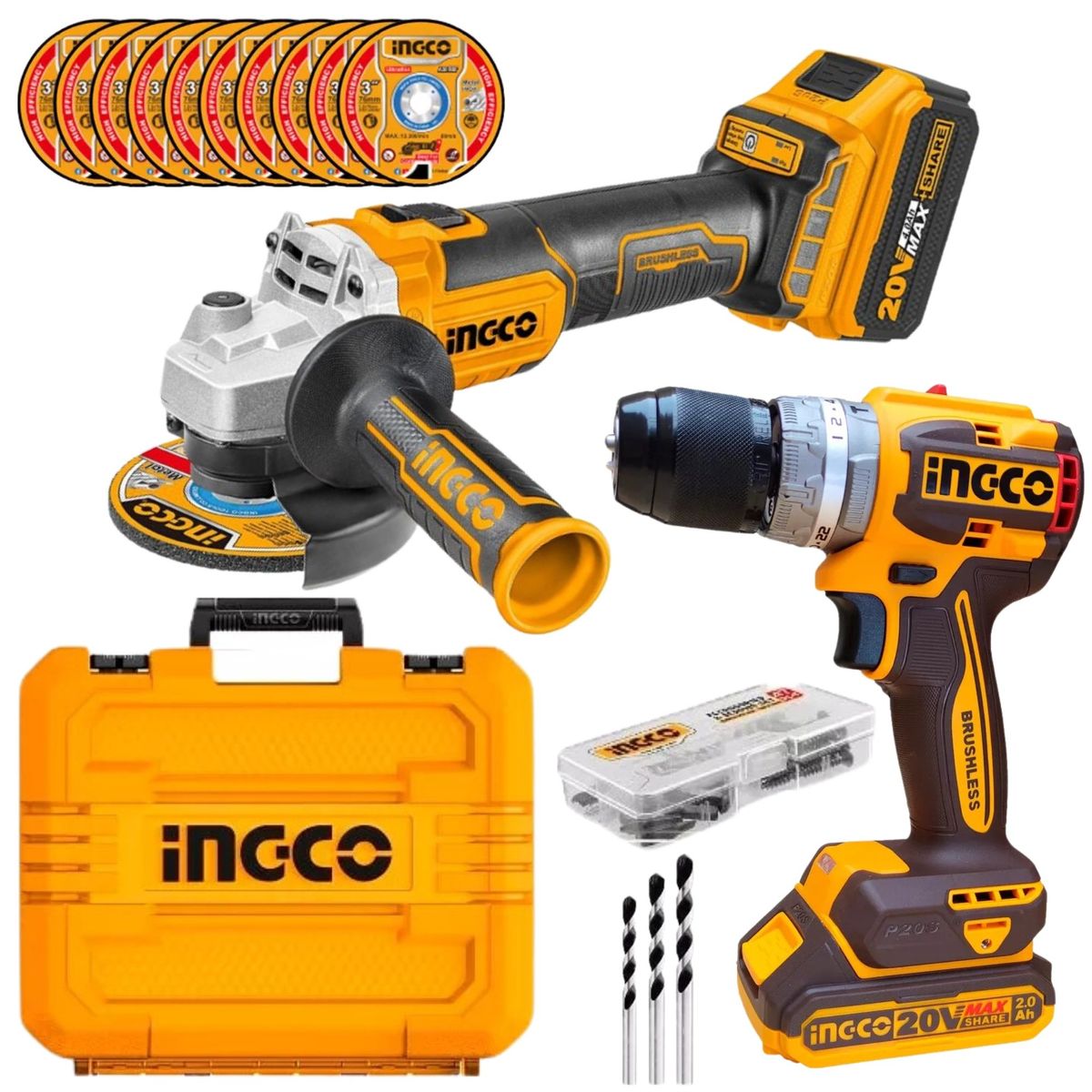 INGCO TOOLS - AMOLADORA INALAMBRICO TALADRO PERCUTOR COMBO MALETA DE HERRAMIENTA