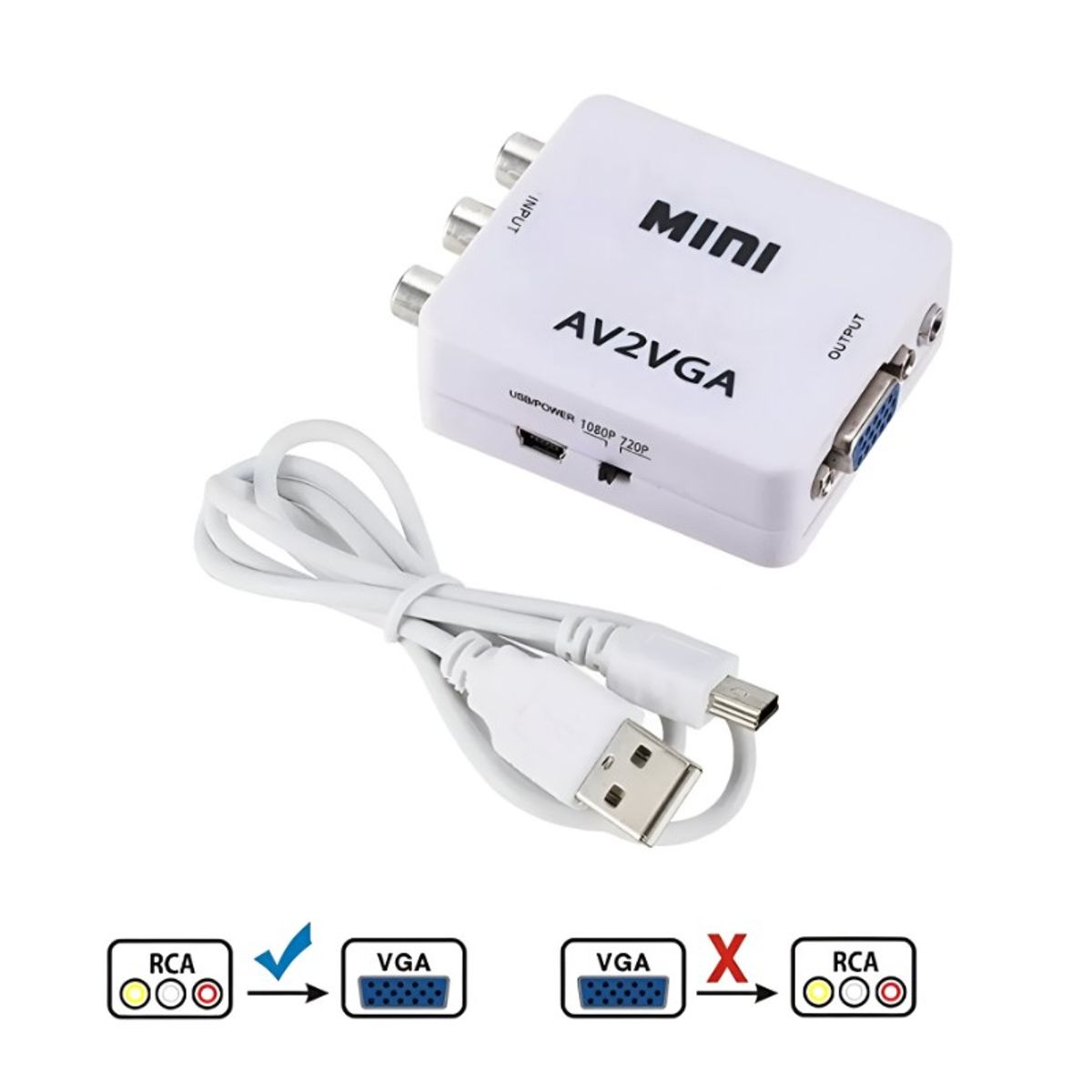 SEISA - Convertidor Adaptador Av RCA a VGA AV2VGA 1080p BLANCO salida 35mm