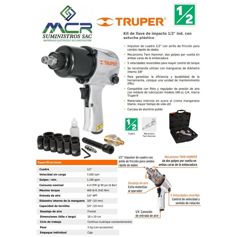 TRUPER - Kit llave de impacto neumático 12 Pulgadas10 DADOS  MALETA truper