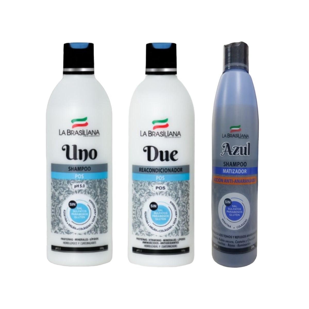 LA BRASILIANA - Pack - Shampoo UNO + Reacondicionador + Matizador AZUL 250 ML. SIN SAL