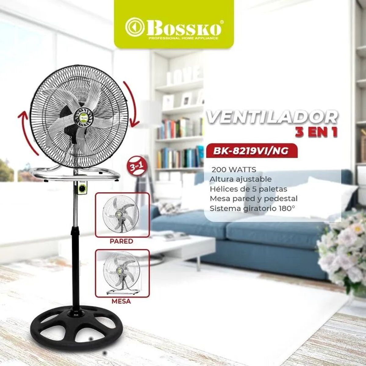 BOSSKO - VENTILADOR BOSSKO BK-8219VI 3 EN 1 5 ASPAS 200W