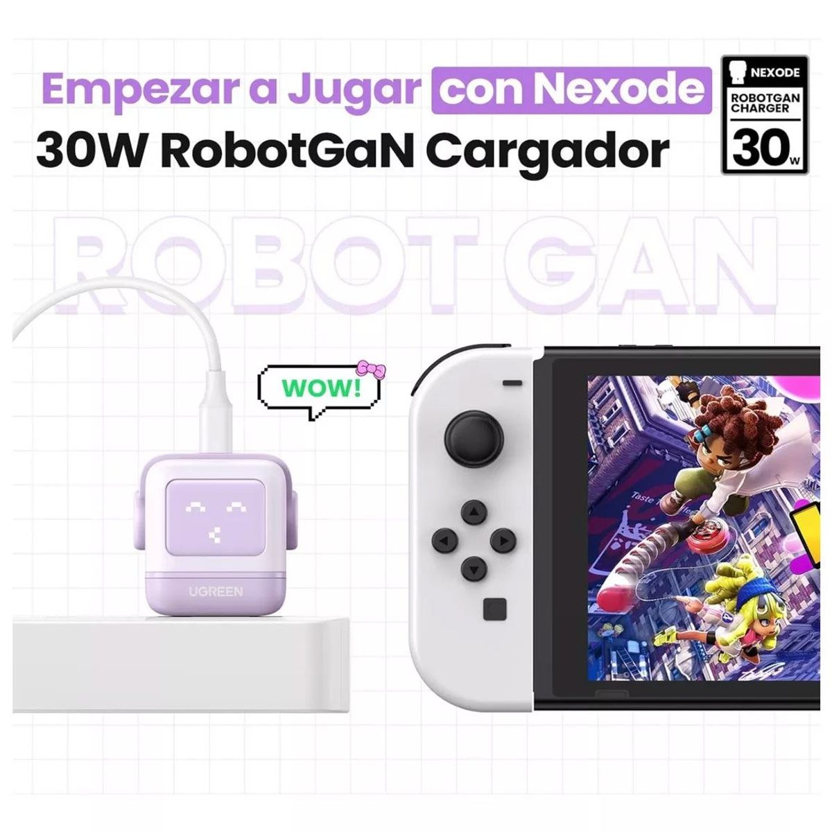 UGREEN - Cargador Tipo Usb C 30w Nexode Gan Robot Con Pantalla Purple Ugreen