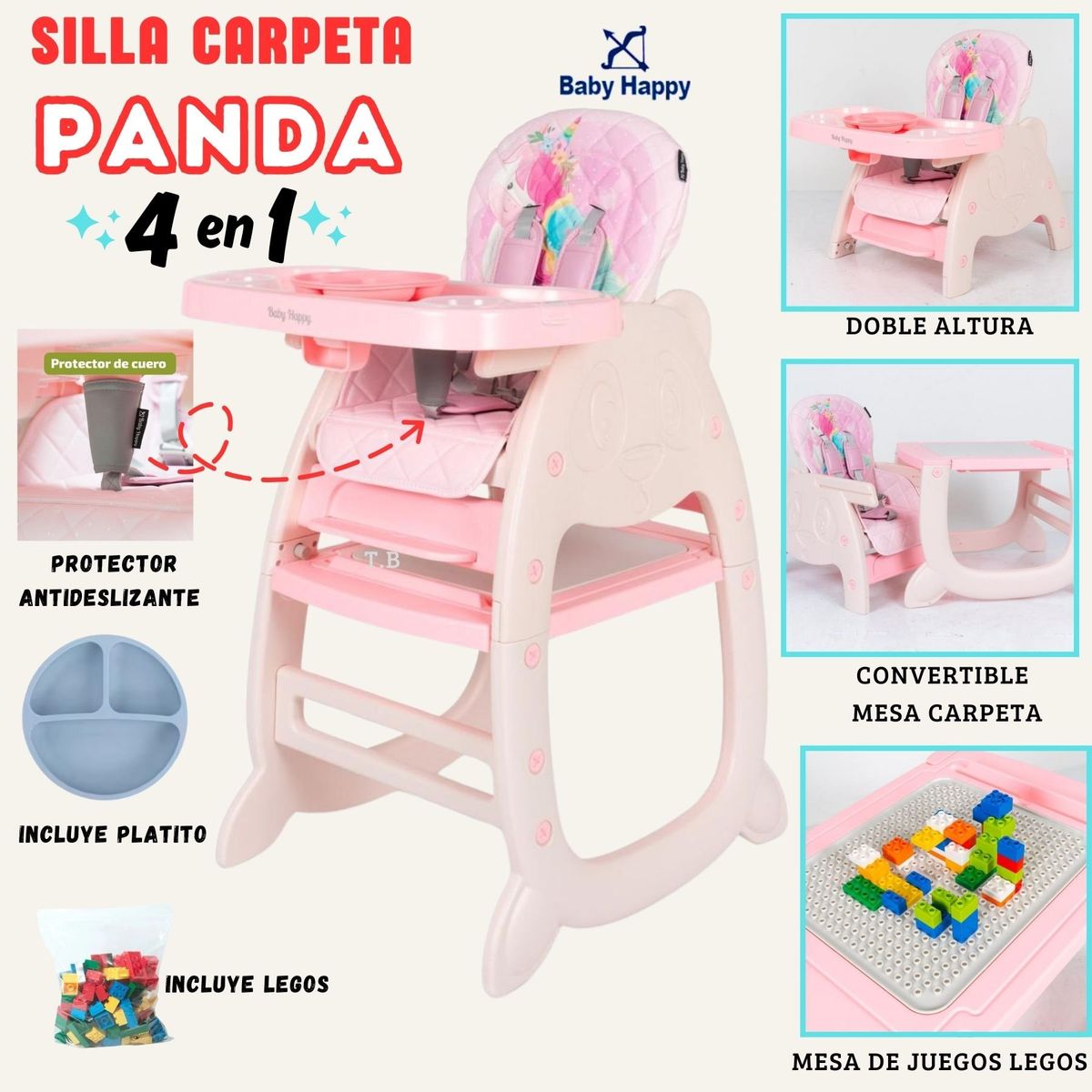 BABY HAPPY - Silla de CARPETA para bebe ROSADO- PANDA 4 EN 1