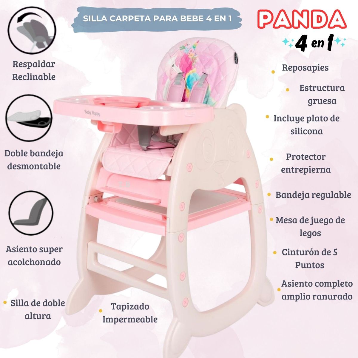 BABY HAPPY - Silla de CARPETA para bebe ROSADO- PANDA 4 EN 1