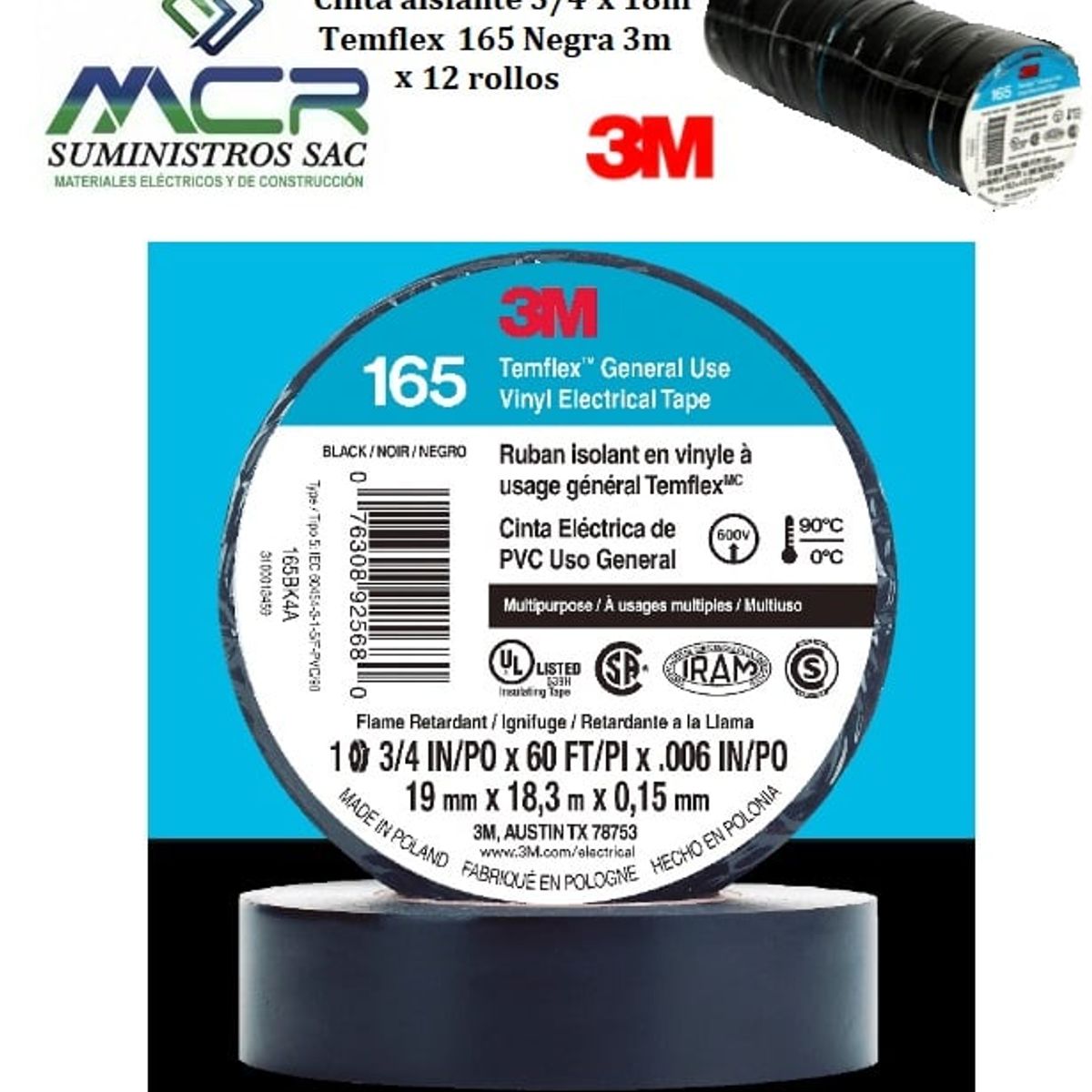 3M - Cinta aislante 3/4 x 18m Temflex 165 Negra 3m x 12 rollos