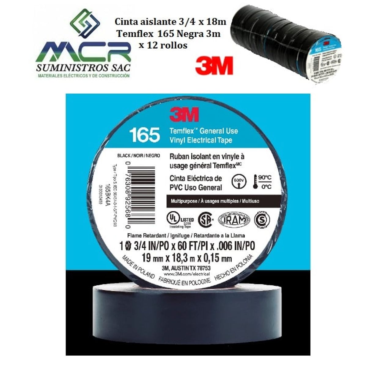 3M - Cinta aislante 3/4 x 18m Temflex 165 Negra 3m x 12 rollos
