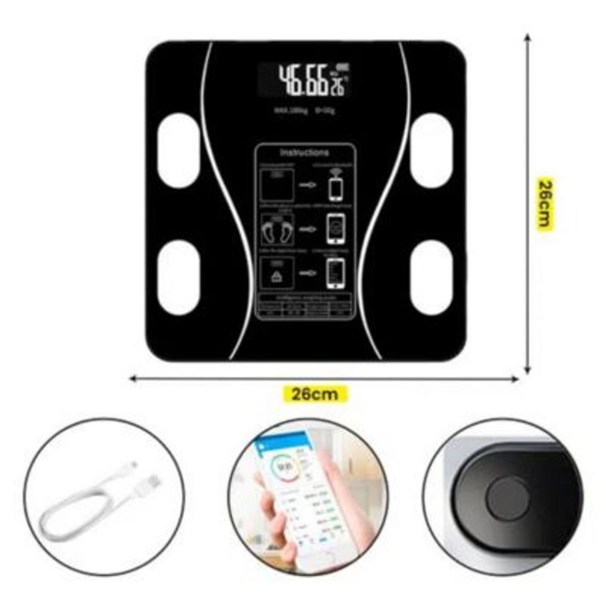 OEM - Balanza Digital Bluetooh 180 Kg vidrio templado NEGRO