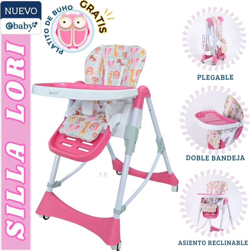 EBABY - Silla de comer para bebe ROSADO LORI + PLATITO GRATIS