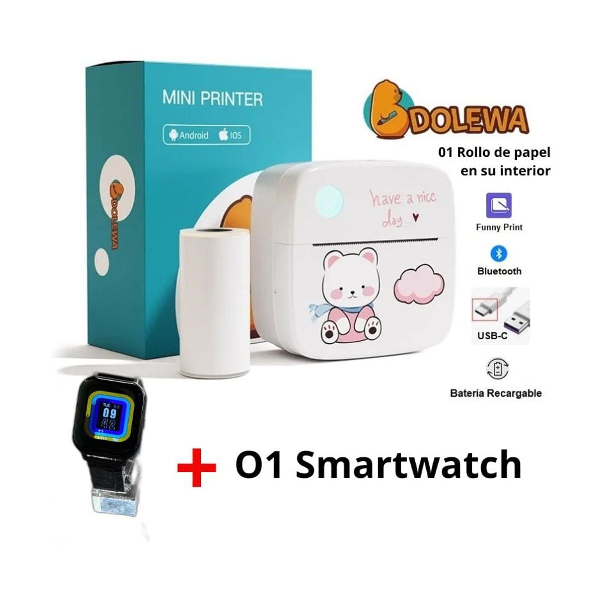 GENERICO - Mini Impresora Térmica Portátil Recargable Bluetooth Bear Rosado