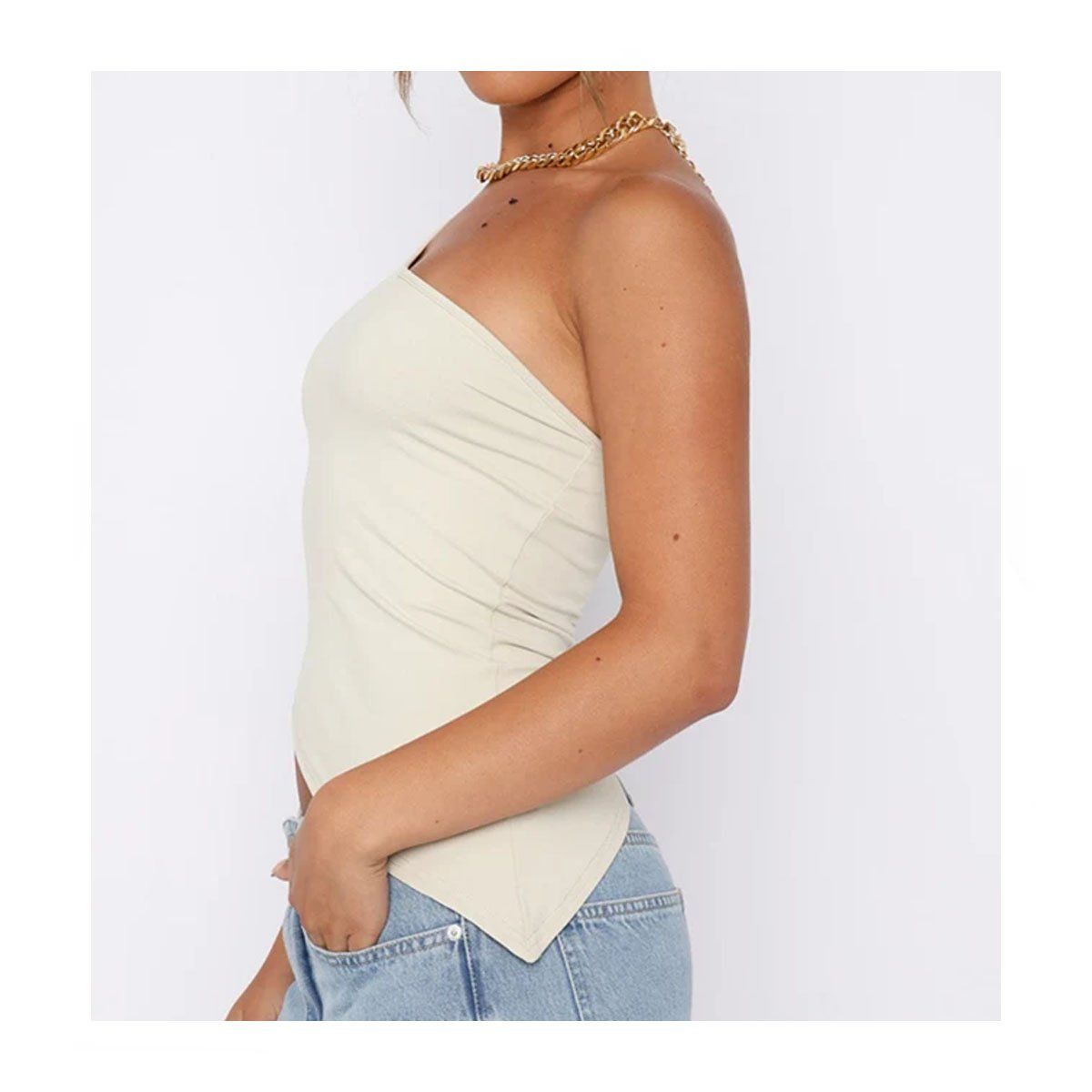 42AROZINA - Chaleco ajustado de verano con un hombro para mujer